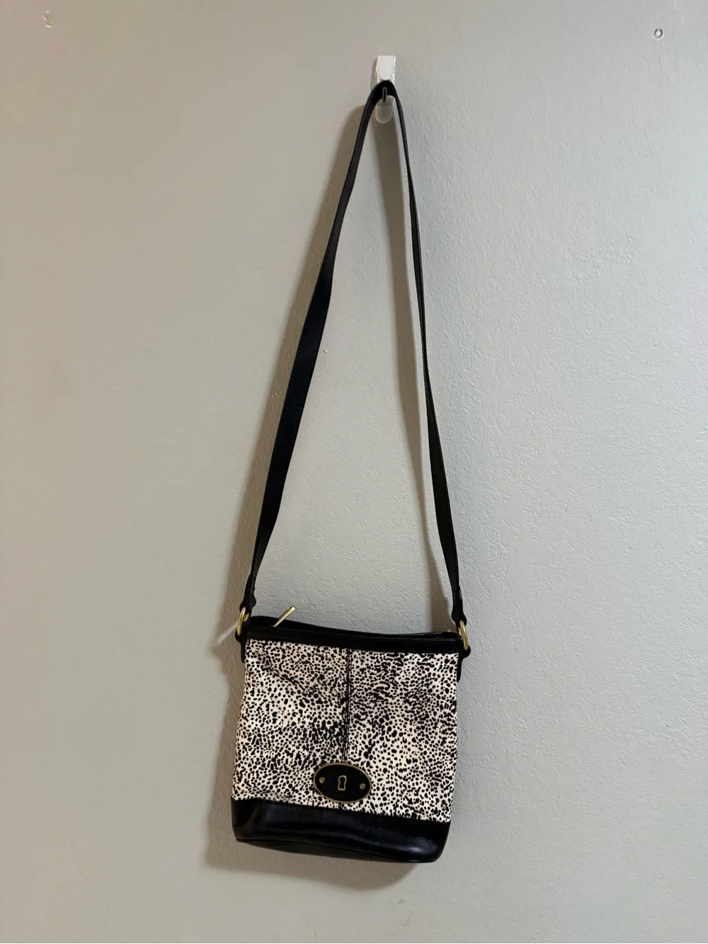 Fossil Haircalf Animal Print Crossbody Bag Black White Leather Purse